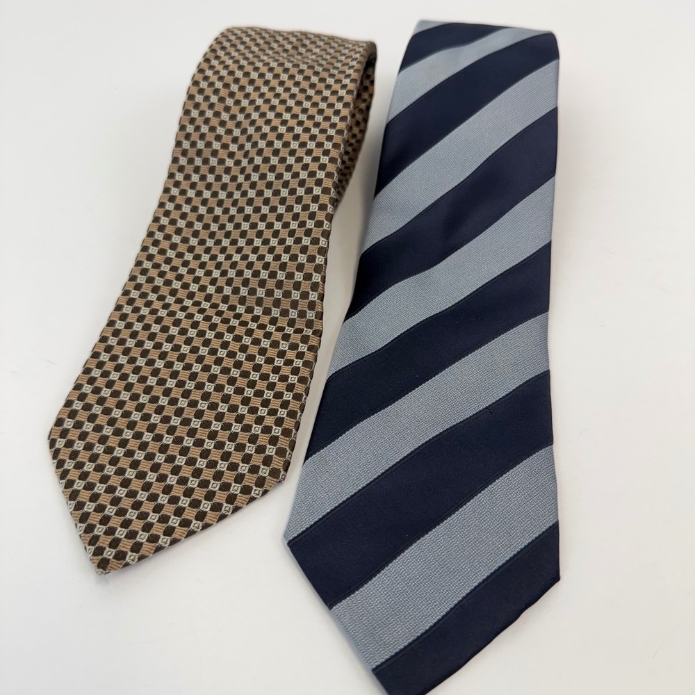 Hugo Boss Tie Lot 2 Silk Navy Stripe Brown Geometric BOSS‎